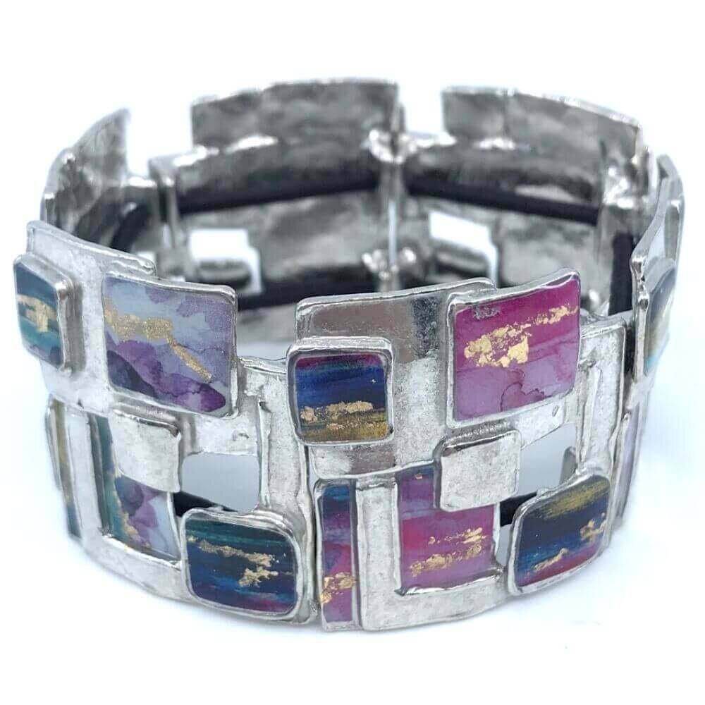 Bracelet élastique carreauté violet et or