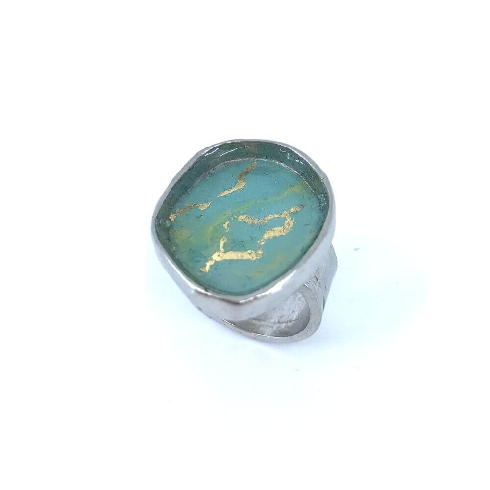 Bague géode aqua et or