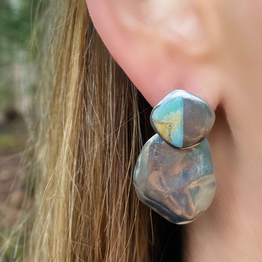 Boucles d'oreilles Jenny aqua et or - à porter de 2 façons