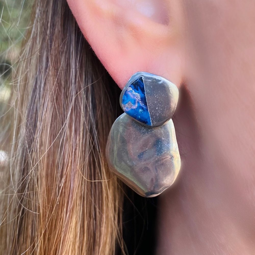 Boucles d'oreilles Jenny bleu et argent - à porter de 2 façons