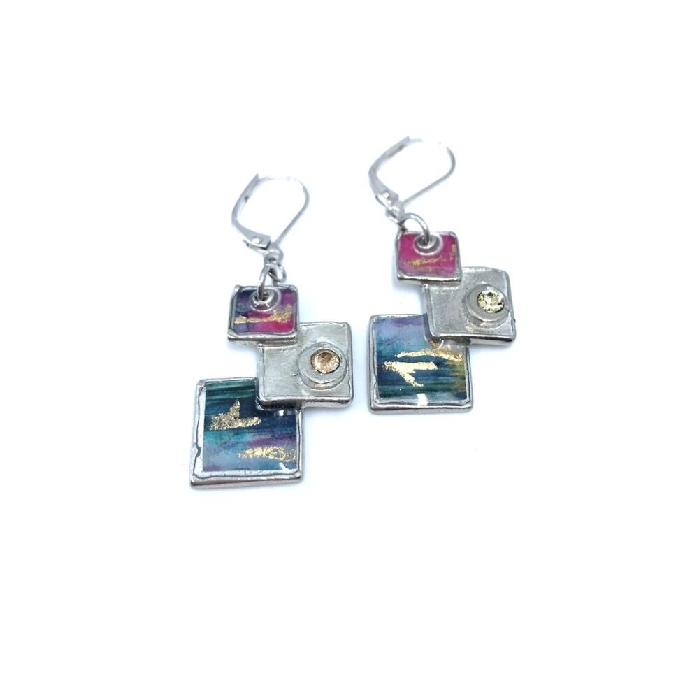 EA35-Boucles d'oreilles carreautées violet et or