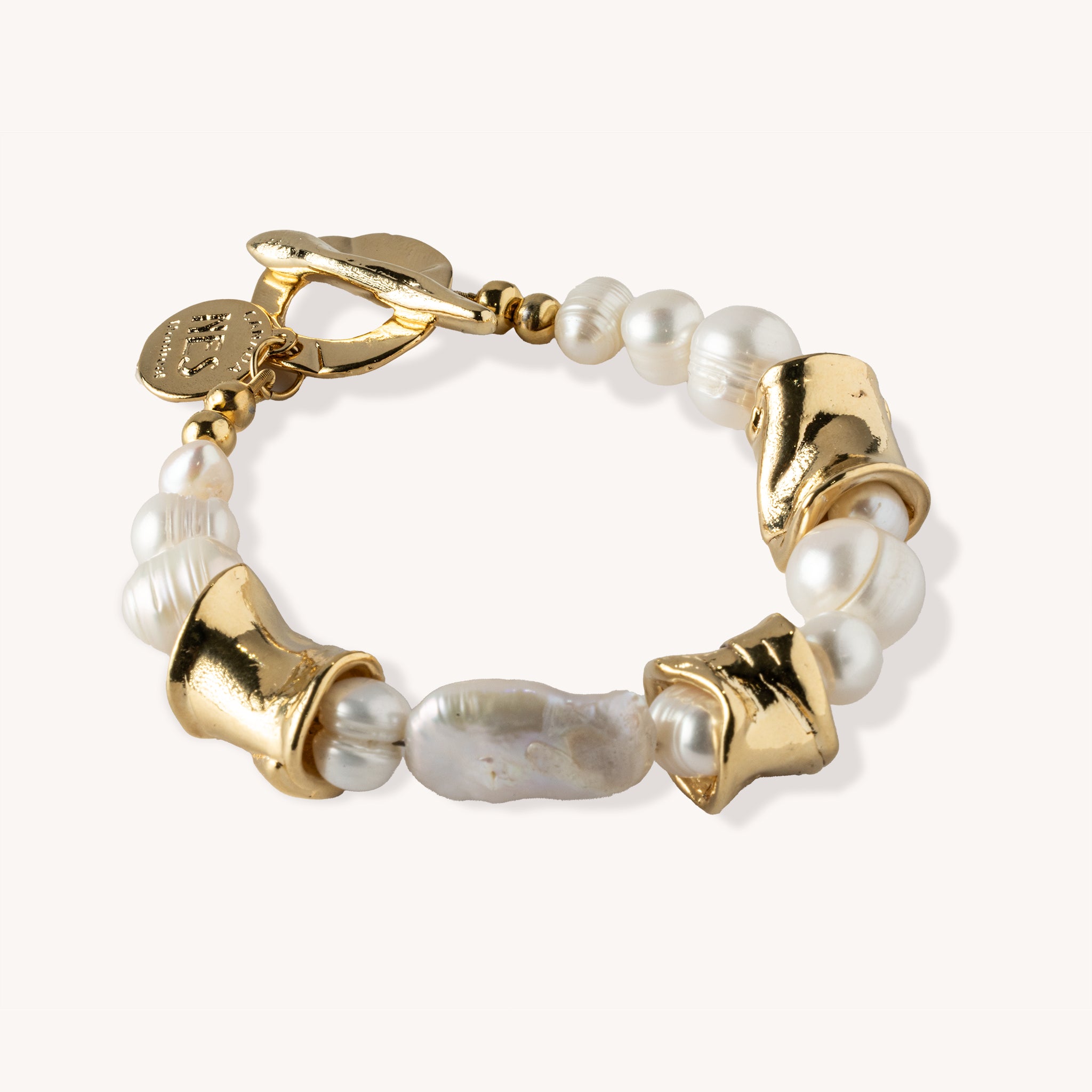 Grand bracelet Simone perles blanches – Plaqué or 14K