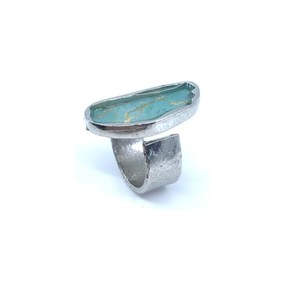 RG92-Bague galet de rivière aqua et or