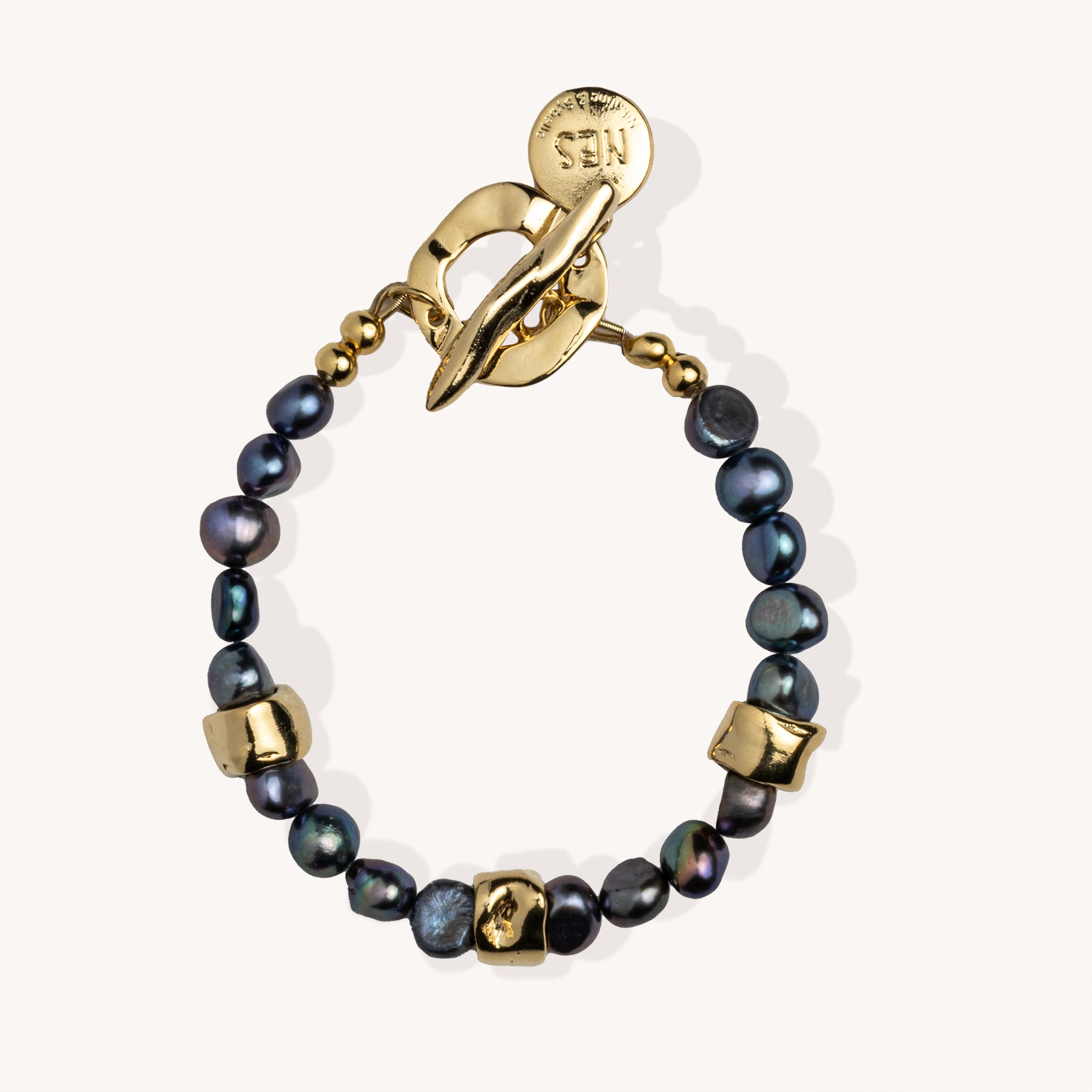 Bracelet Simone perles noires – Plaqué or 14K