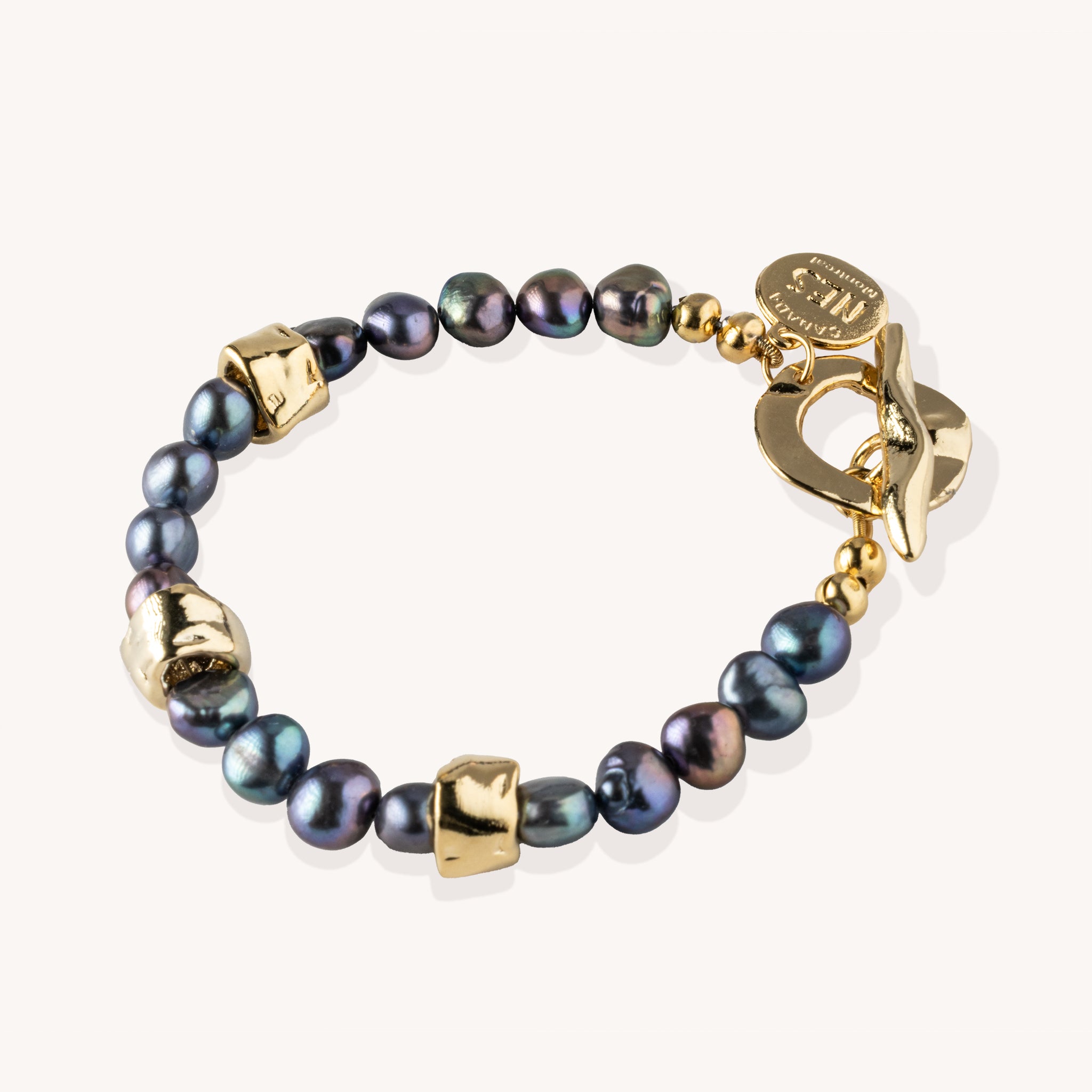 Bracelet Simone perles noires – Plaqué or 14K