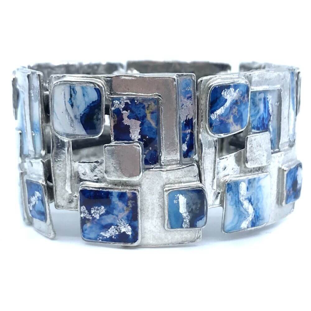 Bracelet élastique carreauté bleu et argent