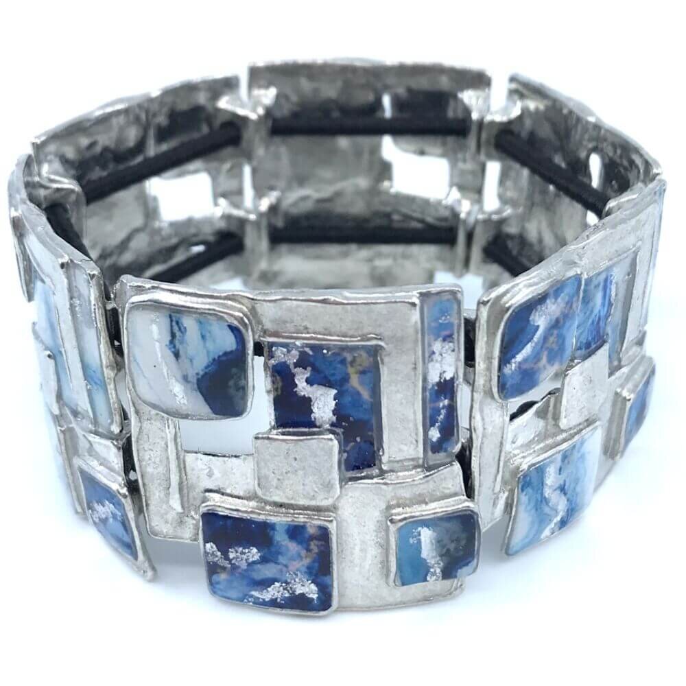 Bracelet élastique carreauté bleu et argent