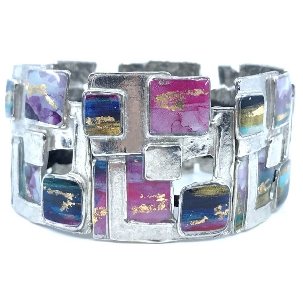 Bracelet élastique carreauté violet et or