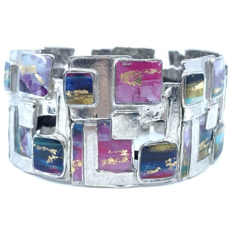 Bracelet élastique carreauté violet et or