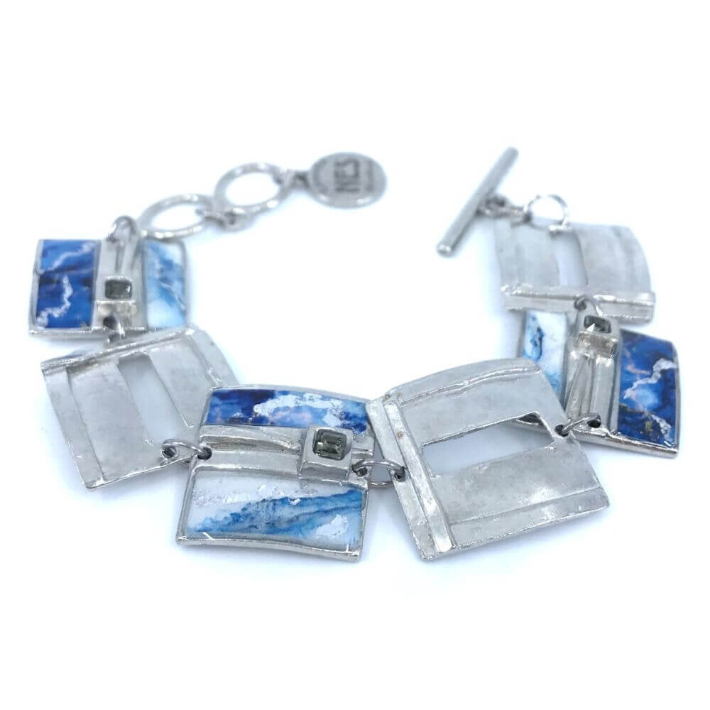Bracelet carré en étain couleur bleu et argent avec cristaux