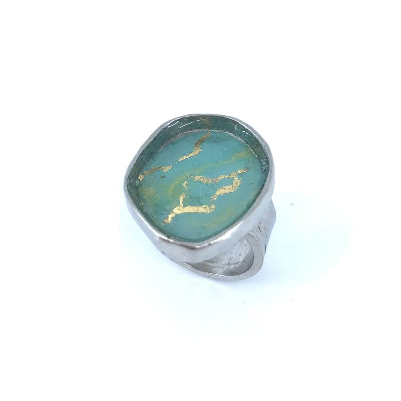 Bague géode aqua et or