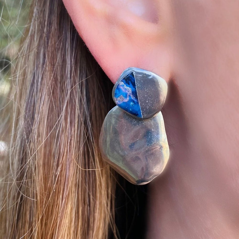 Boucles d'oreilles Jenny bleu et argent - à porter de 2 façons