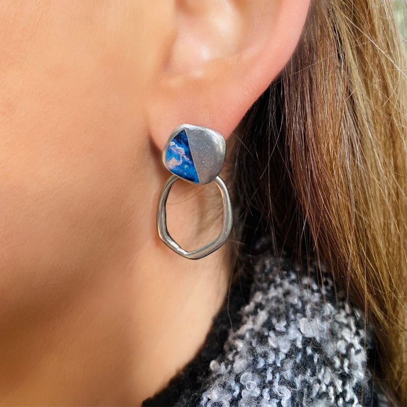 Boucles d'oreilles Méli bleu et argent - à porter de 2 façons