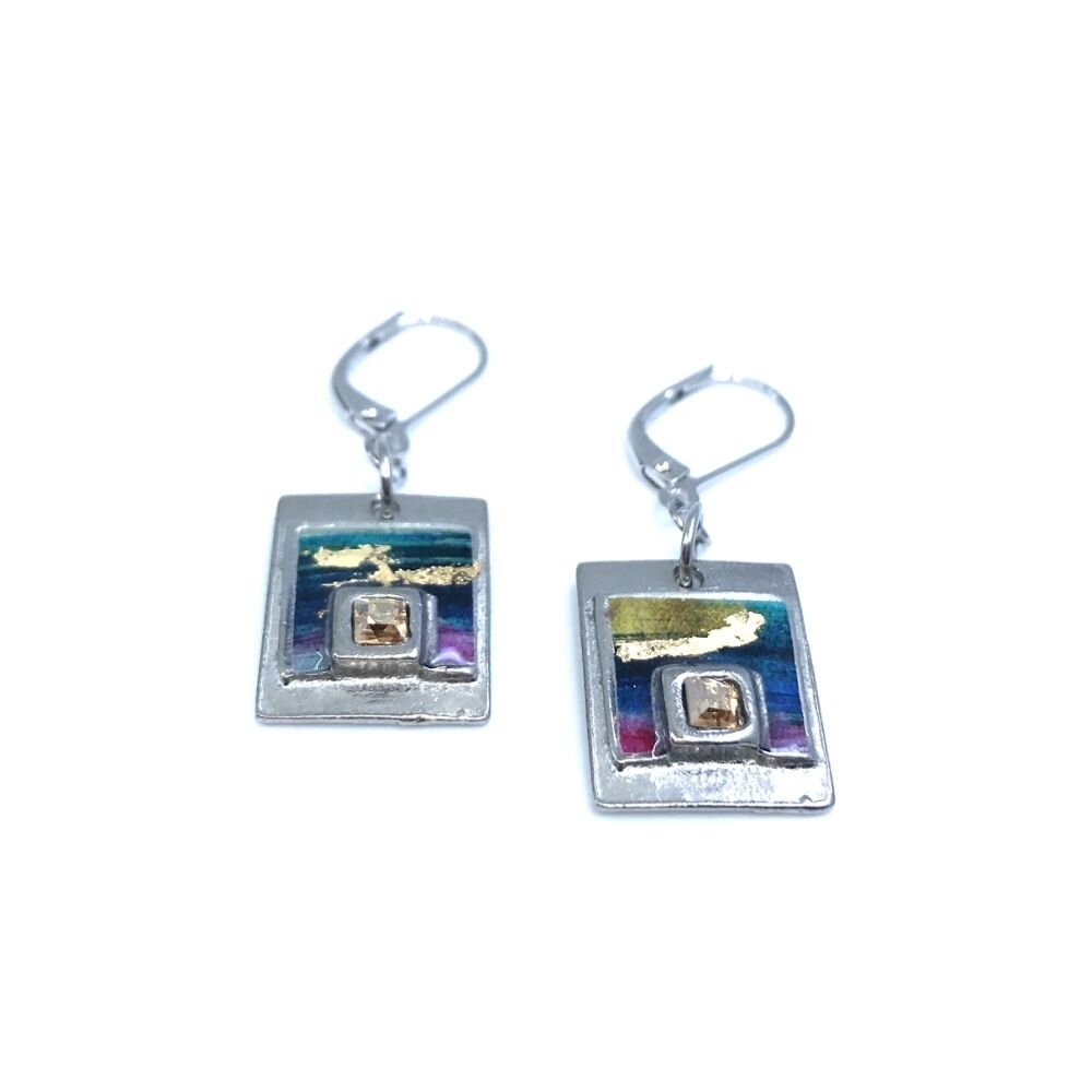 Boucles d'oreilles carrées avec-violet bleuté et or