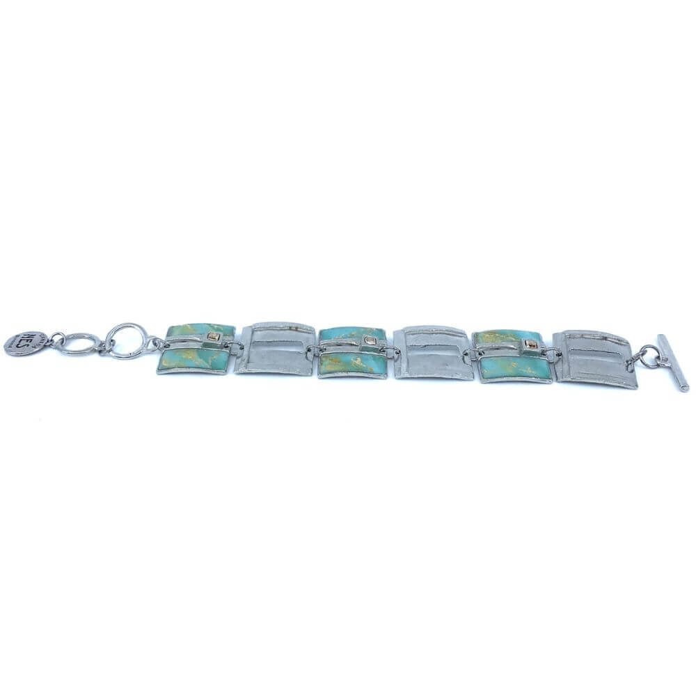 Bracelet carré en étain couleur aqua et or avec cristaux de Swarovski