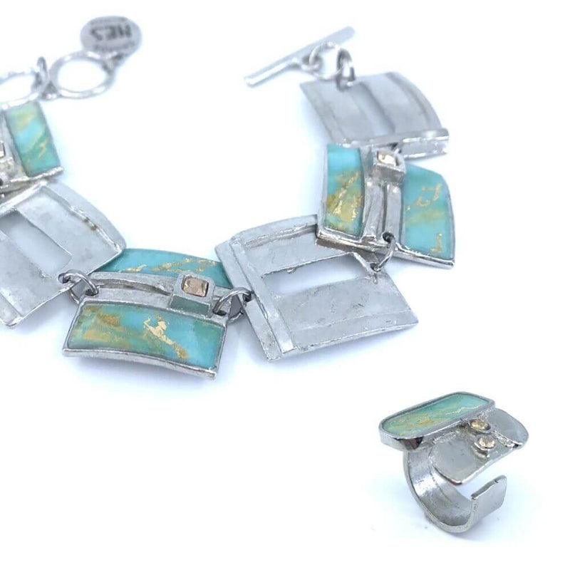 Bracelet carré en étain couleur aqua et or avec cristaux de Swarovski