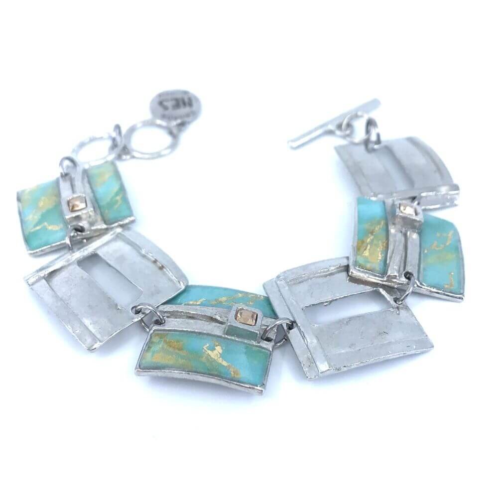 Bracelet carré en étain couleur aqua et or avec cristaux de Swarovski