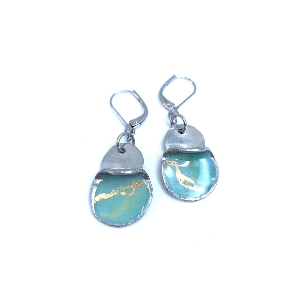 EA165-Boucles d'oreilles pendantes Bloom-aqua et or