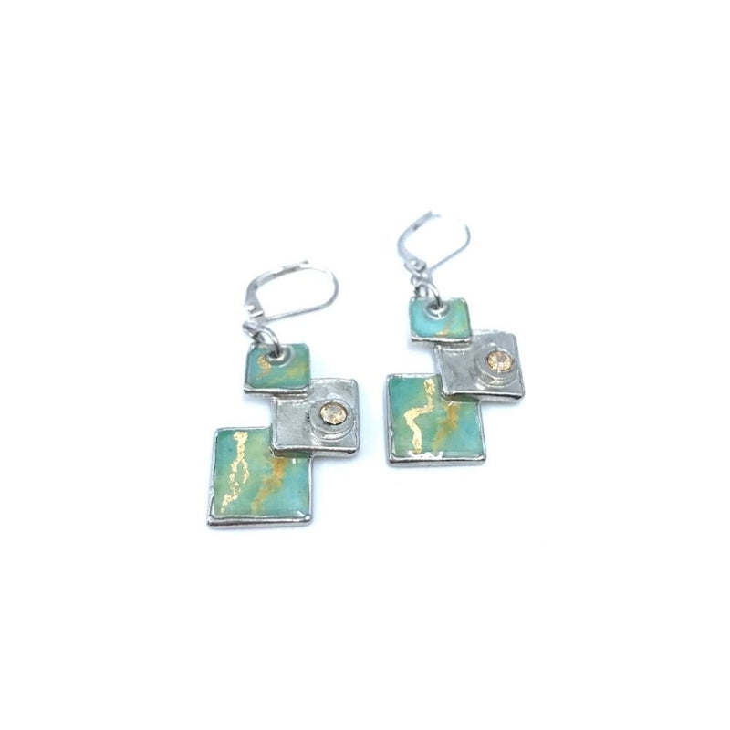 EA35-Boucles d'oreilles carreautées-aqua et or