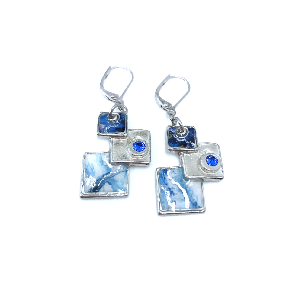 EA35-Boucles d'oreilles carreautées-bleu et argent