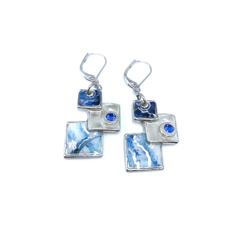 EA35-Boucles d'oreilles carreautées-bleu et argent