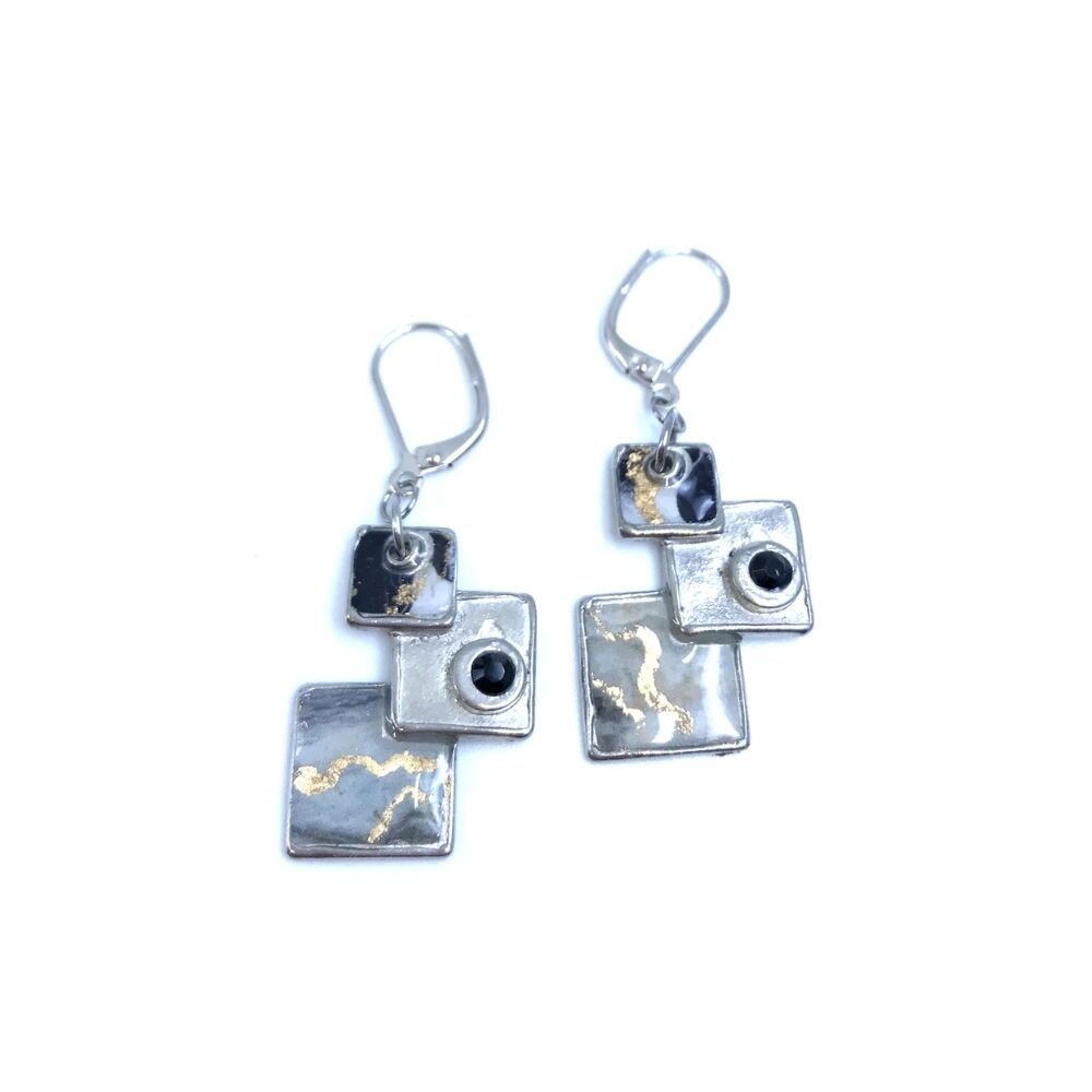 EA35-Boucles d'oreilles carreautées-noir et or