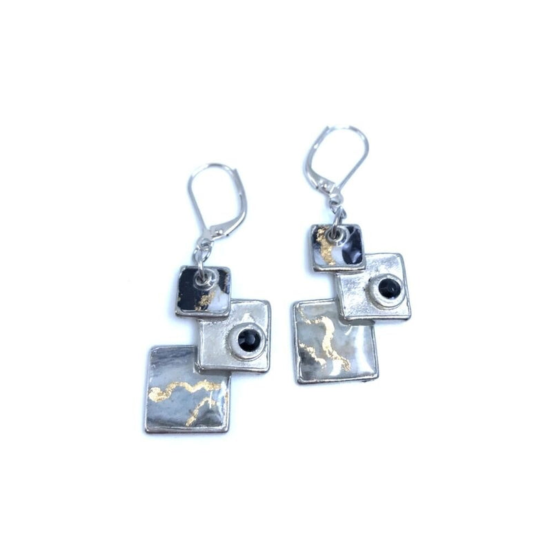 EA35-Boucles d'oreilles carreautées-noir et or