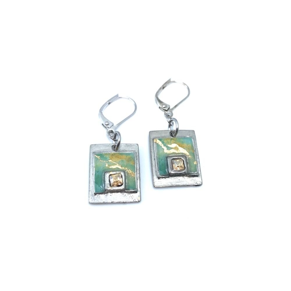 EA54-Boucles d'oreilles carrées avec cristal de swarovski-aqua et or