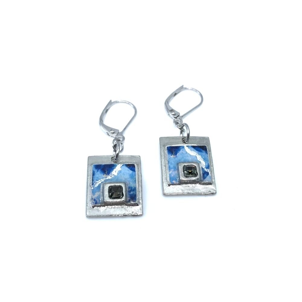 Boucles d'oreilles carrées avec cristal de swarovski-bleu et argent