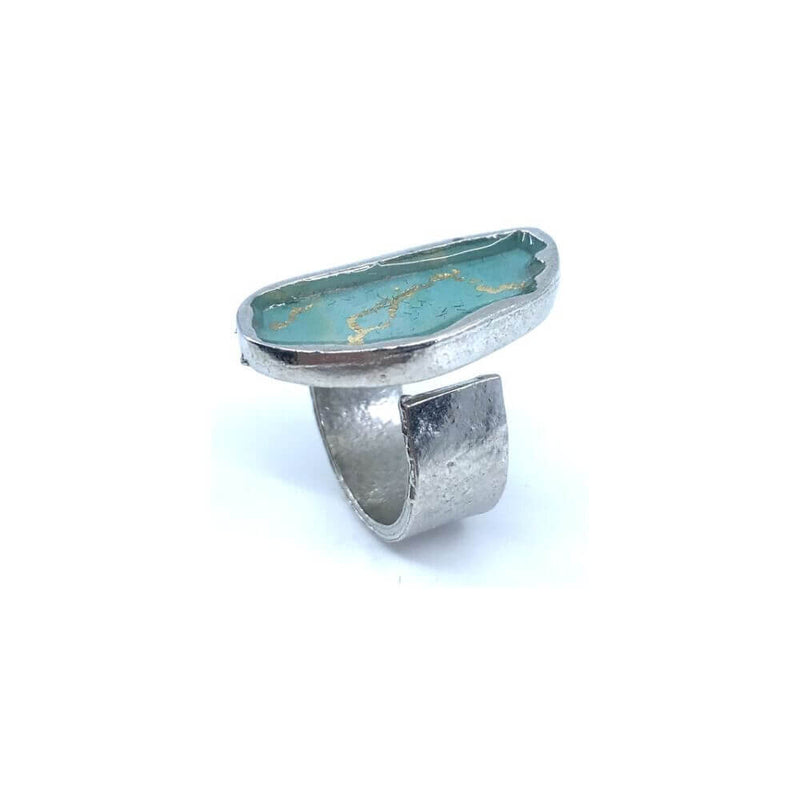 RG92-Bague galet de rivière aqua et or