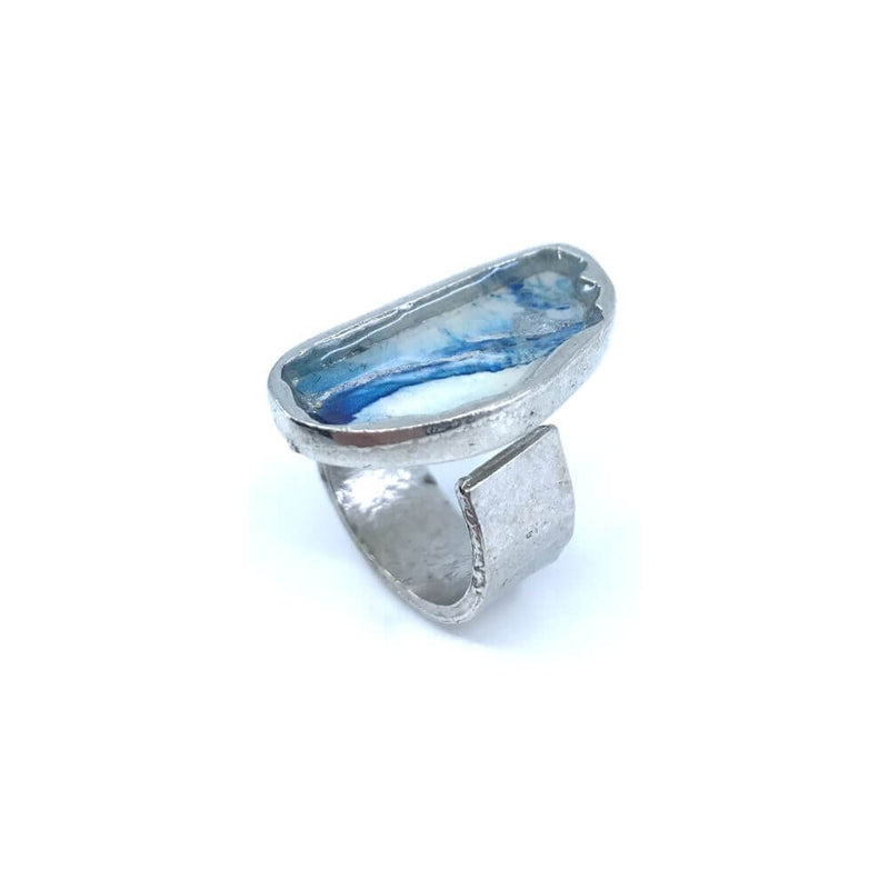 RG92-Bague galet de rivière bleu et argent
