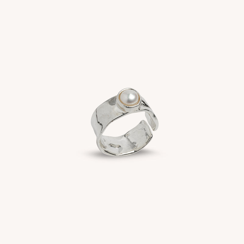 Bague Iris plaquée argent avec perle d’eau douce blanche – Bague sculptée ajustable