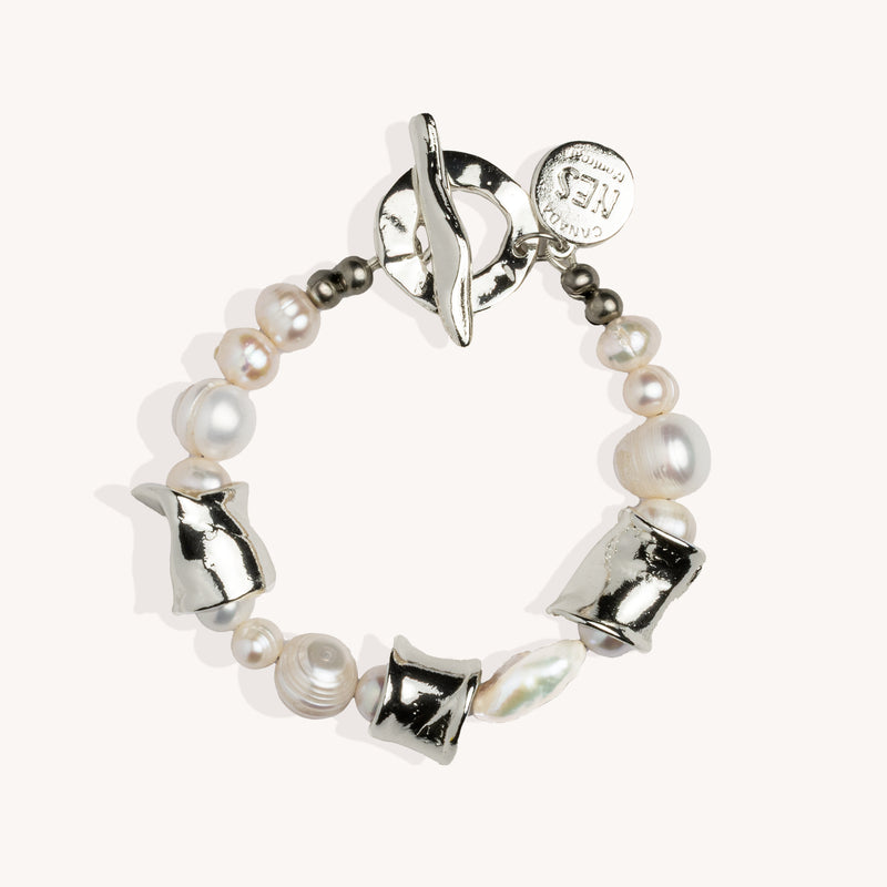 Grand bracelet Simone perles blanches – Plaqué argent